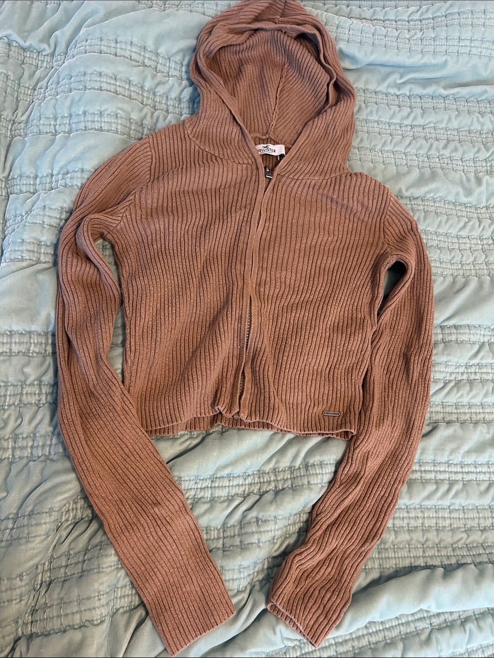 Hollister Ribbed Cropped Zip-Up Hoodie in Light Brown